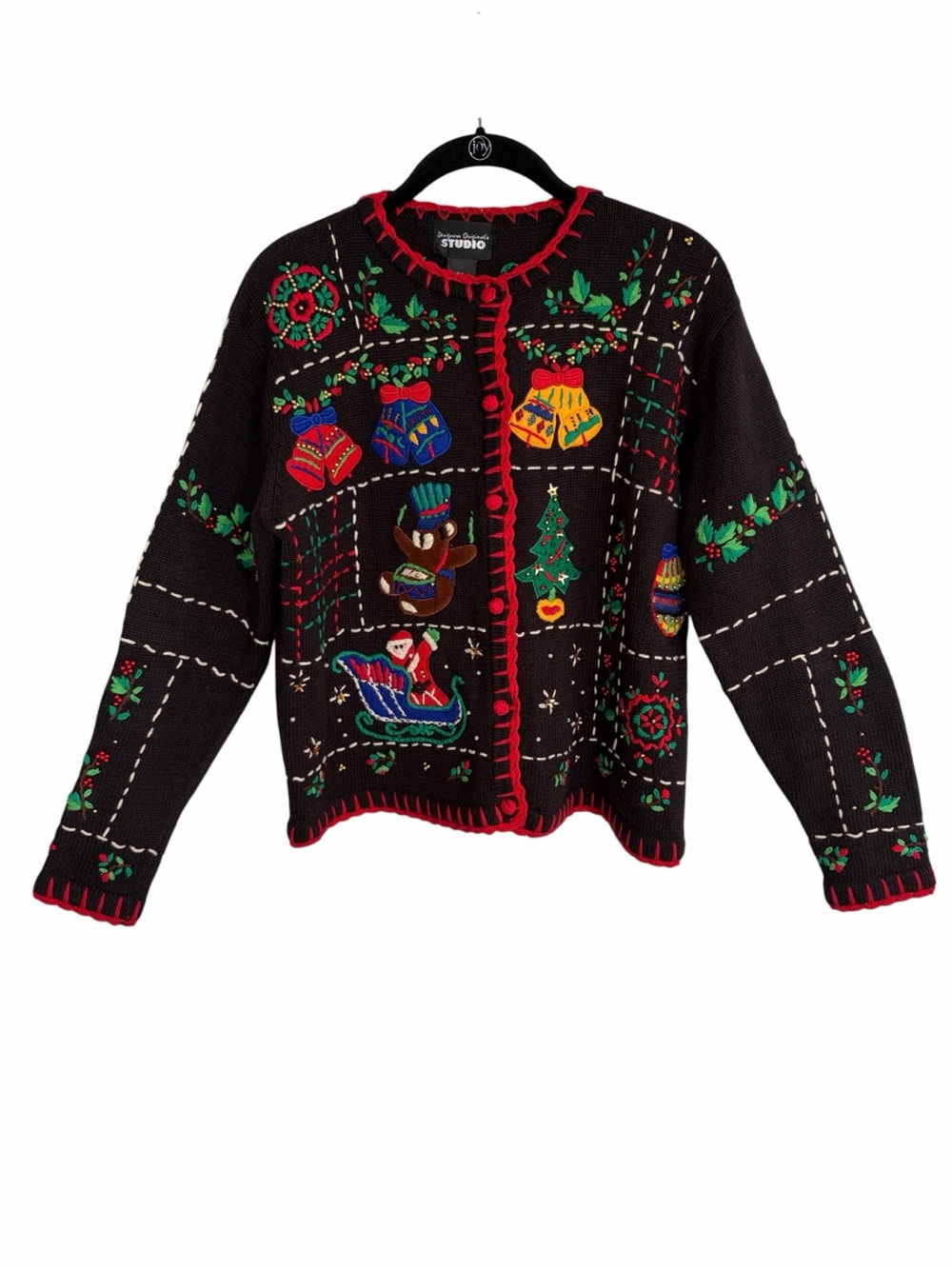 Womens Petite L Vintage Holiday Ugly Sweater Christmas Cardigan Beads Embroidery
